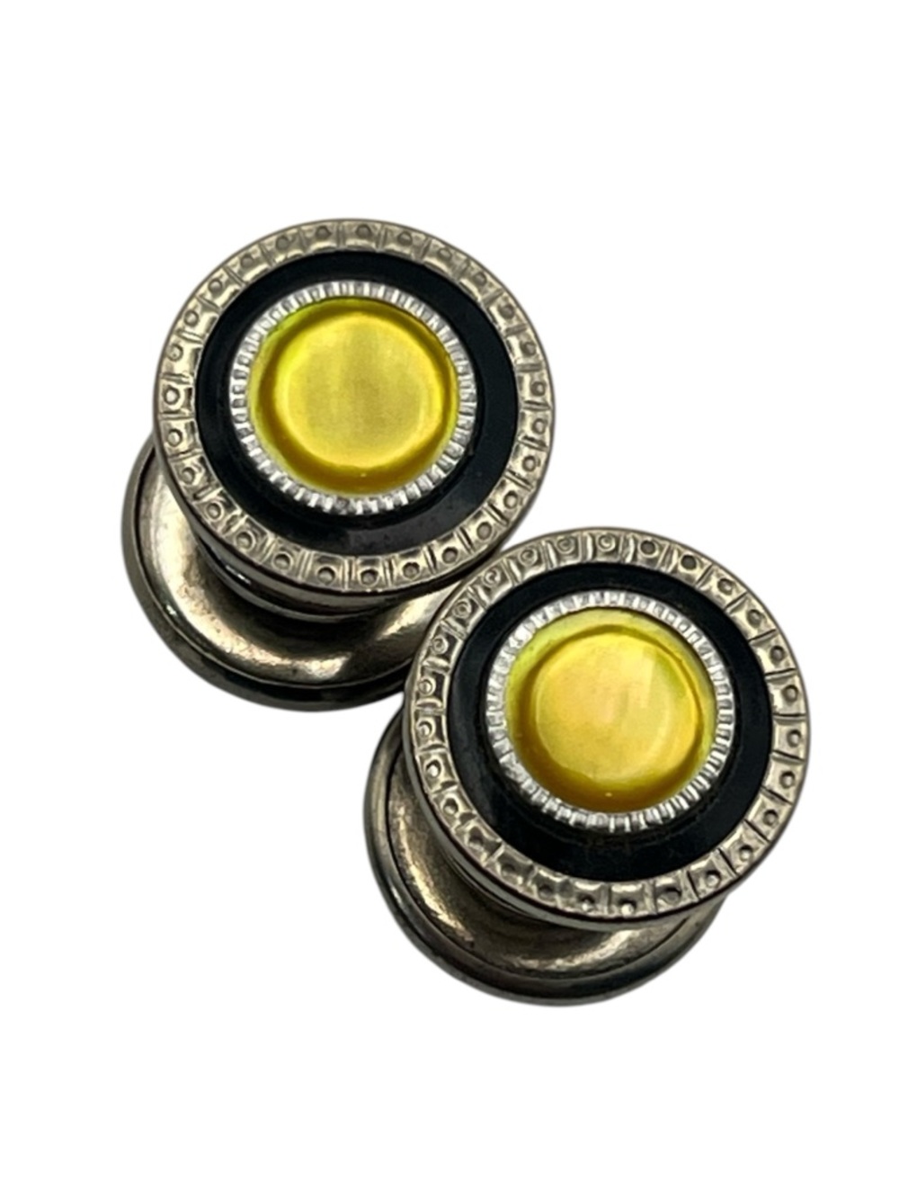 Edwardian snap-link yellow cabochon black enamel silver tone cuff links vintage